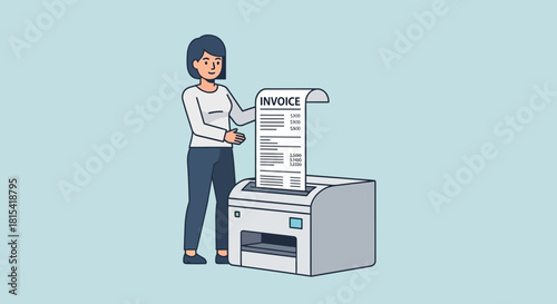 Streamline Your Finances Woman Prints Invoice for Efficient Bookkeeping Modern Business Accounting Solutions Vector Art Simplifies Tax Season Expenses