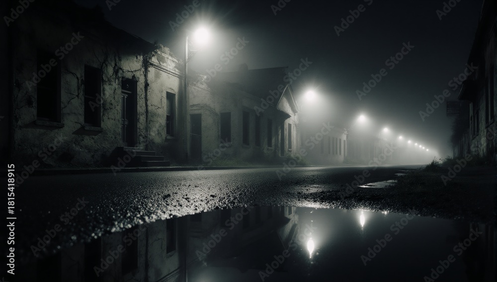 Naklejka premium A chilling horror scene set in a small town featuring an empty street with a haunting house in the mist and anxious city atmosphere