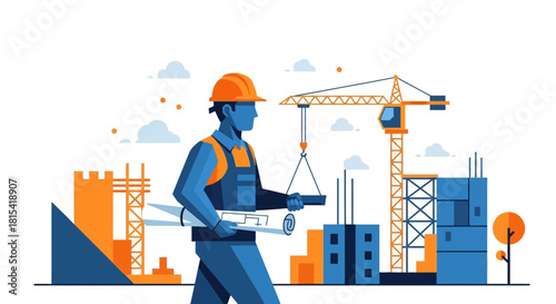 Skilled construction worker oversees building site, crane and blueprint, embodying progress, development, and modern architecture in vibrant colors, vector origin
