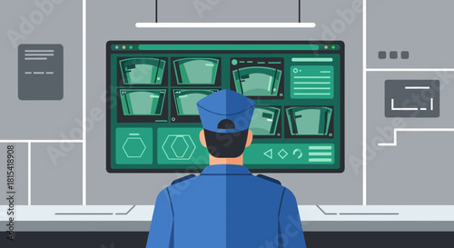 Security guard monitoring surveillance camera feeds on a large screen, ensuring safety and security in a modern control room with detailed vector graphics