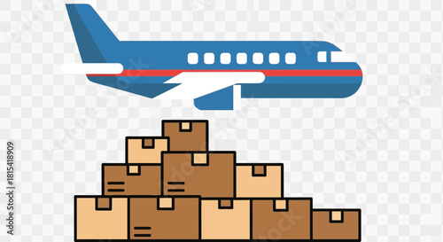 Efficient global logistics delivery with cargo airplane above stacked shipping boxes, conveying speed, reliability, and worldwide reach for business needs
