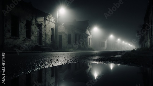 Fototapeta Naklejka Na Ścianę i Meble -  A chilling horror scene set in a small town featuring an empty street with a haunting house in the mist and anxious city atmosphere