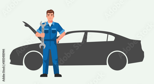 Reliable mechanic ready to service your car, offering expert repair services with a confident pose next to a modern vehicle at the auto shop today