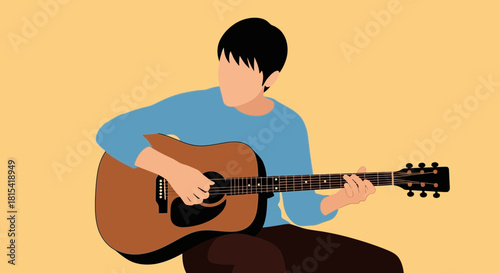 Young man playing acoustic guitar music, creative expression and passion, perfect for artistic projects, musical content, and lifestyle branding, originally a vector