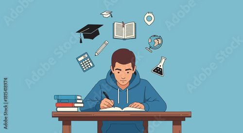 Focused student immersed in learning, surrounded by study icons creating a scholarly atmosphere perfect for education marketing and back to school campaigns