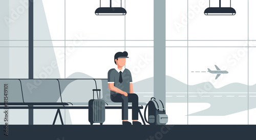Modern traveler waits at airport terminal with luggage, ready for takeoff, conveying anticipation and the excitement of travel in a contemporary design