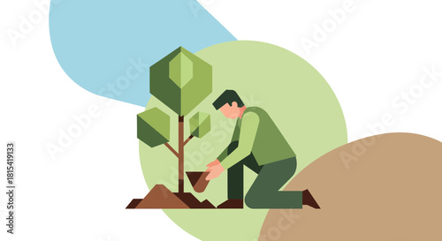 Man planting a tree, nurturing growth for a sustainable future, embracing nature and environmental responsibility in a symbolic act of conservation
