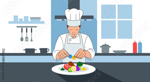 Talented chef plating vibrant, modern cuisine in a professional kitchen, creating a visually appealing and delicious culinary experience for diners