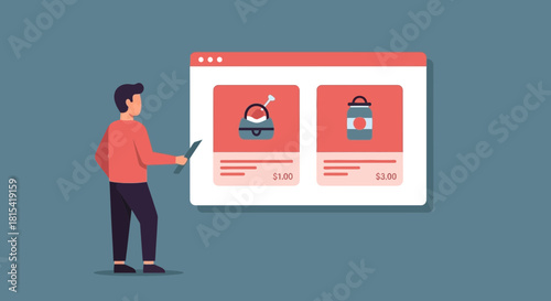 Man presenting online shop items for sale, showcasing product prices and details, digital marketplace promotion, e-commerce growth strategy presentation