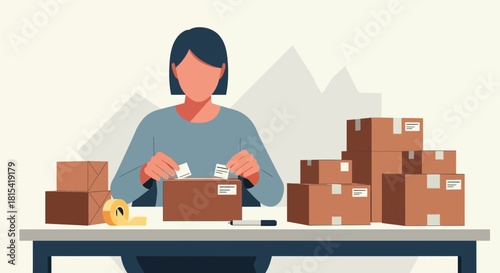 Efficient shipping solution showcasing a person packaging boxes for delivery, ideal for e-commerce branding and logistics themes, scalable vector design