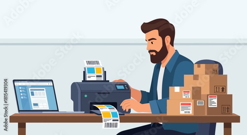 Efficient entrepreneur managing shipping labels and inventory with laptop, printer, and boxes ready to go for seamless order fulfillment and delivery