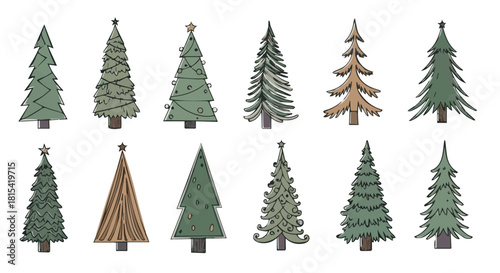 Hand-drawn Christmas tree collection suitable for seasonal decoration themes featuring varied pine shapes, winter foliage, and festive rustic illustration style