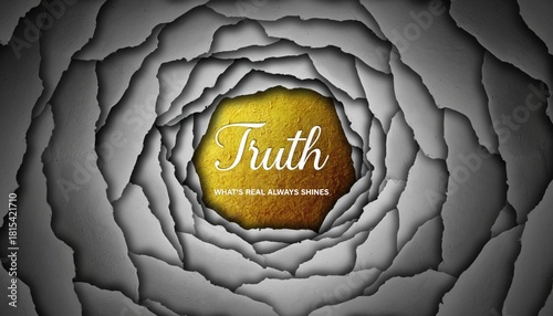 A golden core of truth shining brightly as it is revealed through many layers of torn paper