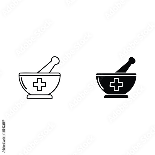 Pharmacy mortar and pestle with medical cross line and solid