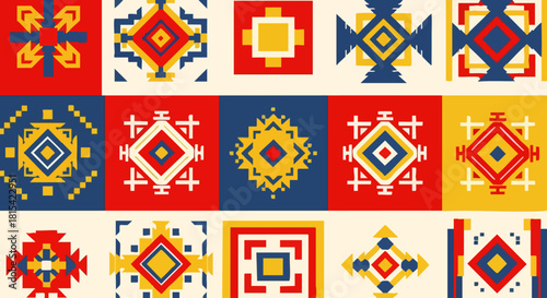 A vibrant geometric pattern featuring colorful squares with intricate designs, perfect for backgrounds, textiles, and decorative purposes.