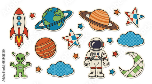 Pixel art celestial bodies and space exploration elements