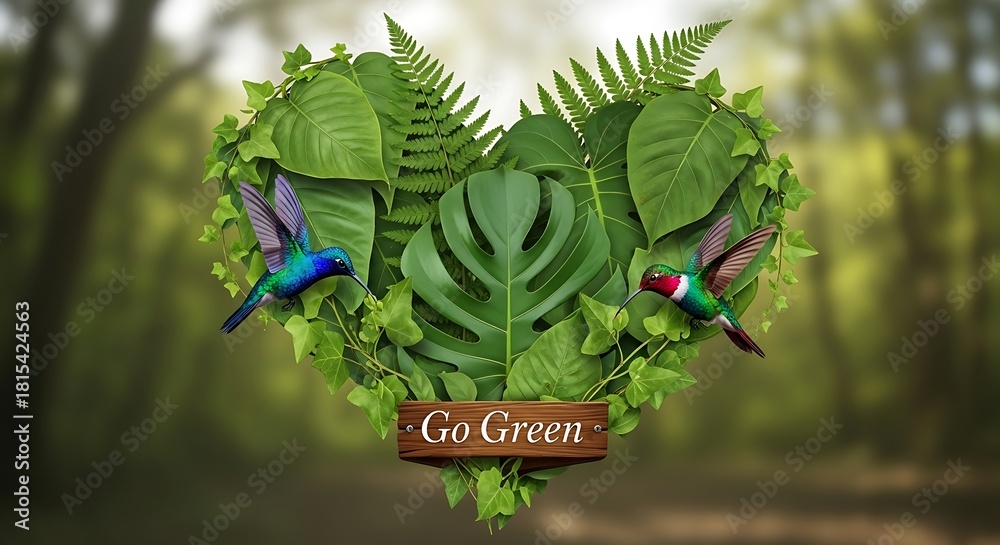 Naklejka premium Heart Shaped Greenery with Hummingbirds and Go Green Sign leaves vines