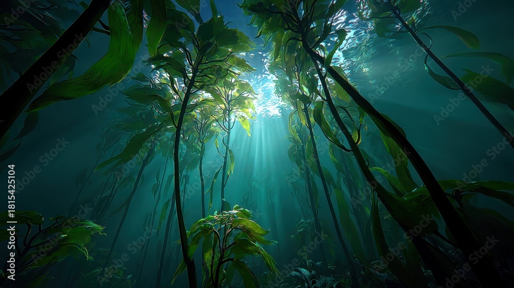 Fototapeta premium Serene Underwater Forest with Sunlight Filtering through Water, Vibrant Green Seaweed and Calm Blue Tones