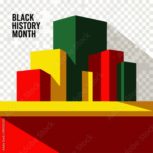 A vibrant graphic celebrating Black History Month, featuring colorful geometric shapes in red, yellow, and green, with bold text.