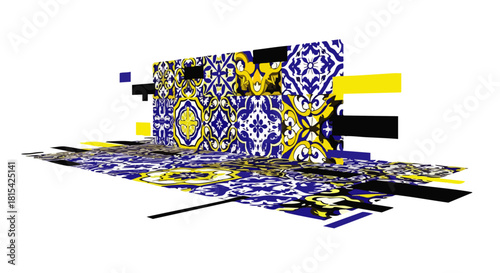 Abstract digital artwork features a fragmented structure with geometric shapes and a repeating blue and yellow tile pattern on a white backdrop.
