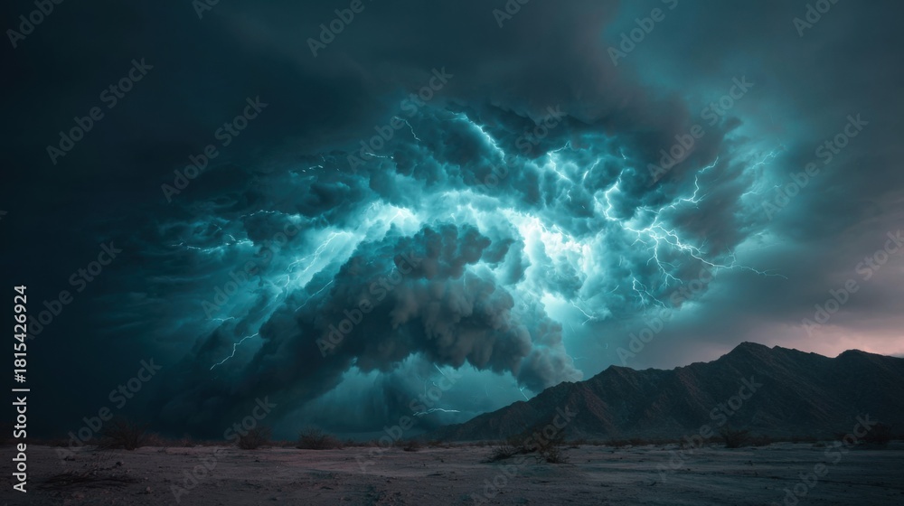 Fototapeta premium Dramatic Thunderstorm Over Mountains with Lightning and Dark Clouds Illuminated by Electric Blue Light