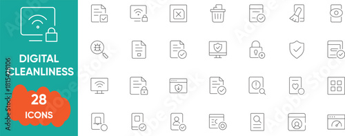 Digital Cleanliness And Cyber Hygiene. Data Security Vector Line Set