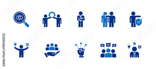 Leadership icon set containing vision, teamwork, confidence, support, integrity, skills, responsibility, motivation, communication and competence vector icons.