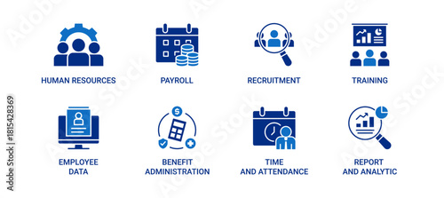 HRIS icon set containing human resources, payroll, recruitment, training, employee data, benefit administration, time and attendance, report and analytics vector icons.