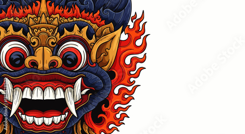 A detailed illustration showcases a vibrant Barong mask, a prominent symbol of Balinese culture, with intricate designs and fiery details.
