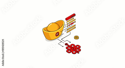 Isometric illustration of a golden ingot with digital components, representing wealth, prosperity, and financial technology on a white background.