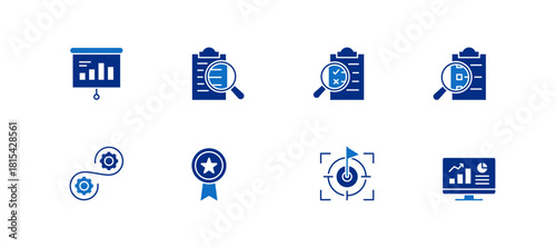 Assessment icon set containing plan, analysis, evaluation, audit, process, quality, goal and result vector icons