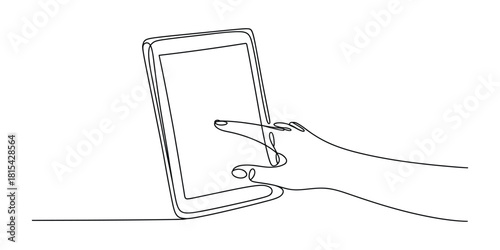 Continuous line drawing: human hand operates a digital tablet.