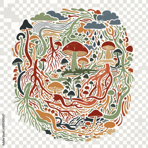 An intricate illustration showcases a variety of colorful mushrooms with their roots intertwined, creating a vibrant, circular design on a transparent background.
