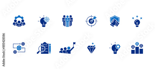 Business icon set containing management, strategy, team, goal, trust, idea, process, assessment, leadership, value, implementation and competition vector icon