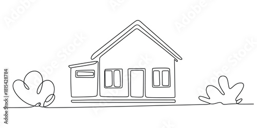 Continuous line drawing of a cozy house with two small bushes