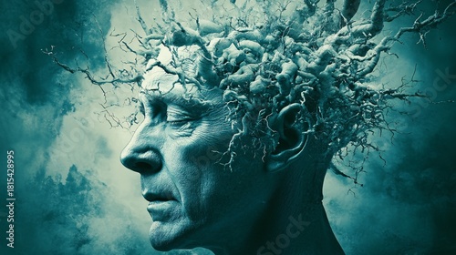 An evocative image showcasing an abstract representation of human decline, decay and disintegration; emphasizing fragility and the transient nature of existence in abstract monochrome.