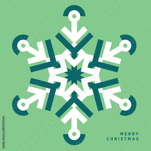 Modern geometric snowflake illustration in a vibrant green and white color palette, ideal for holiday season greetings, winter celebrations, Christmas cards, and stylish decorative designs