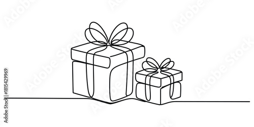 Continuous line art illustration of two gift boxes with ribbons