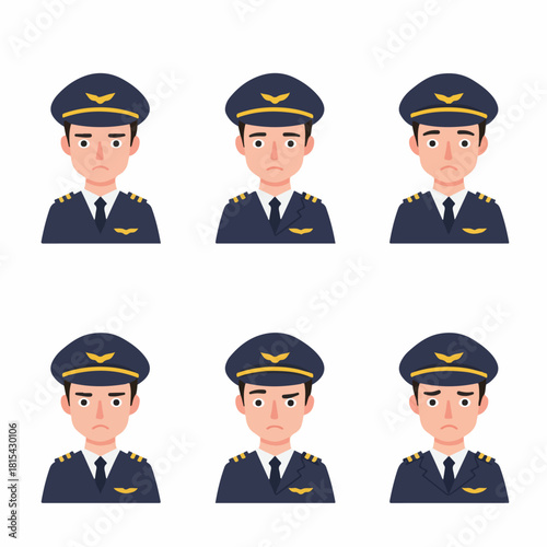 Worried airline pilot avatar set in flat style uniform showing a disappointed and sad facial expression on a white background.