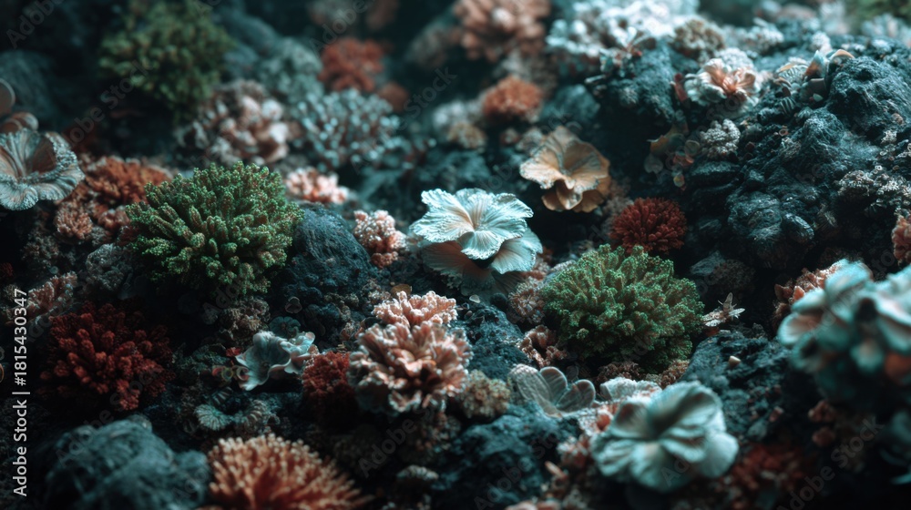 Fototapeta premium Vibrant Coral Reef Ecosystem with Diverse Marine Life in Beautiful Underwater Scene