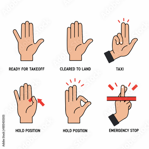 Aviation Marshalling Hand Signals Set: Ready for Takeoff, Cleared to Land, Taxi, Hold Position, and Emergency Stop Vector Illustrations.