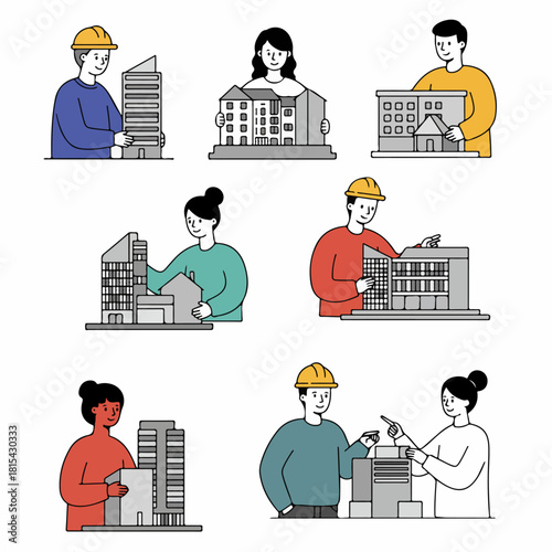 Architects and Engineers Working with Architectural Building Models and Property Layouts in a Simple Outline Illustration Style