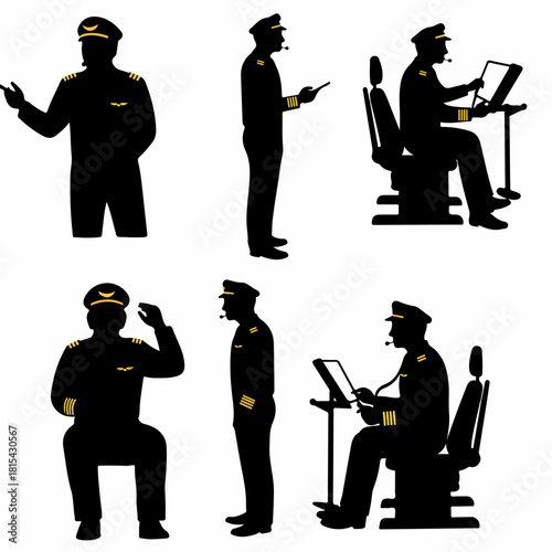 Aviation Pilot Silhouettes Set: Professional Captain Poses Including Standing, Saluting, and Seated in Cockpit Operating Flight Controls, Isolated Black Vector Icons.