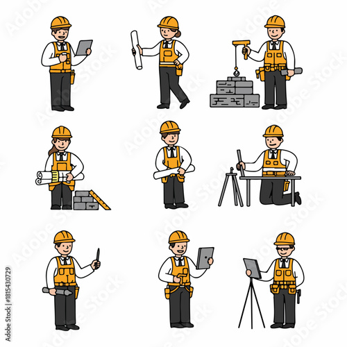 Doodle style illustration set of male and female construction workers, engineers, and architects performing tasks like planning, surveying, and building.