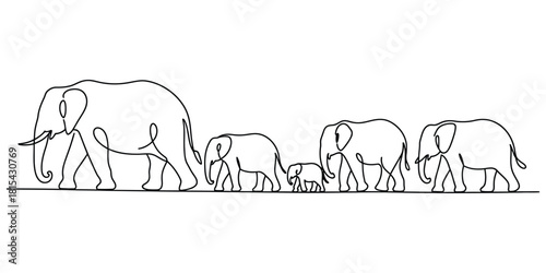 One continuous line drawing of elephant group, family concept