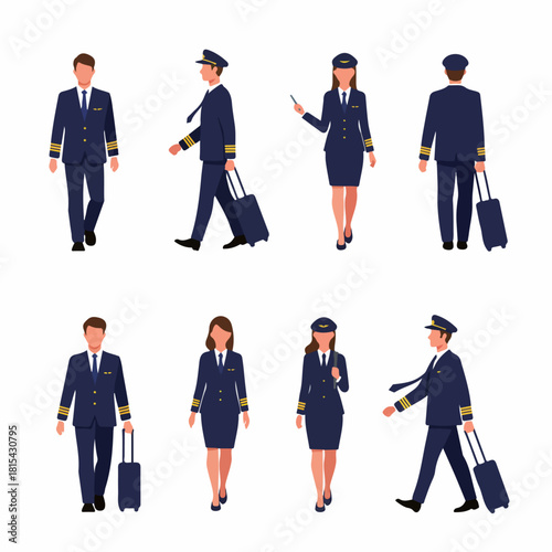 Male and female airline pilots in various poses, wearing professional navy blue uniforms, standing and walking with luggage, flat vector illustration set.