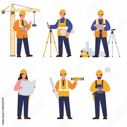 Construction and Engineering Professionals Set. Diverse builders, architects, and surveyors in safety gear holding blueprints, surveying tools, and tablets.