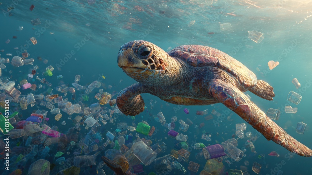 Obraz premium Graceful Sea Turtle Swimming Through Ocean Surrounded by Plastic Waste and Marine Pollution, Highlighting Environmental Issues