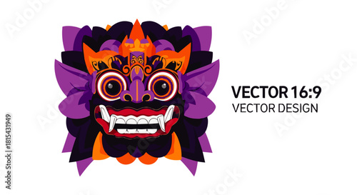 A vibrant vector illustration showcases a traditional Balinese Barong mask design, perfect for cultural projects and artistic endeavors.