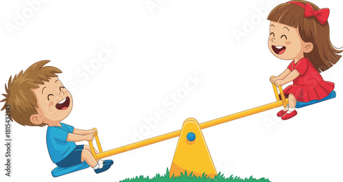 Happy diverse elementary school boy and girl children friends playing together having fun on a yellow seesaw in a green outdoor playground park, childhood jo